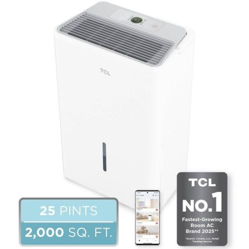 TCL 2000sqft Smart Dehumidifier Energy Star Most Efficient 2024 25 Pints Per Day (H25D44W): Basement & Room Use, 3 Settings