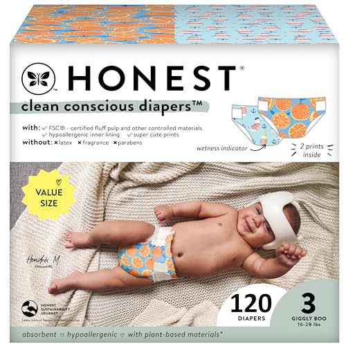 The Honest Company Clean Conscious Diapers for Sensitive Skin | Hypoallergenic, Fragrance Free | Gender Neutral Prints | Super Club Box, Size 3 (16-28 lbs), 120 Count