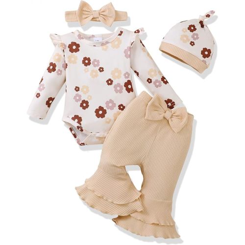 Renotemy Preemie Newborn Baby Girl Clothes Infant Romper Fall Winter Outfits Gifts for Girls Cute Bell Bottoms Pant Sets
