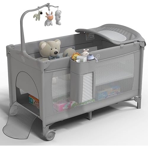 5 in 1 Pack and Play, Baby Bassinet Bedside Sleeper, Extra Large Baby Playard with Wheels, Bedside Crib with Changing Table, Foldable Travel Playard for Newborn to Toddles (Gray)