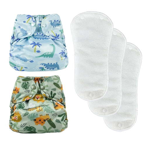 BISENKID 2 Pack Waterproof Cloth Diaper Cover Reusable Plastic Diaper Cover - Adjustable Outer Shell with 3 Pack Absorbent to Prevent Urine Blowouts for Baby Boy, Size 1 (7-17Pound)