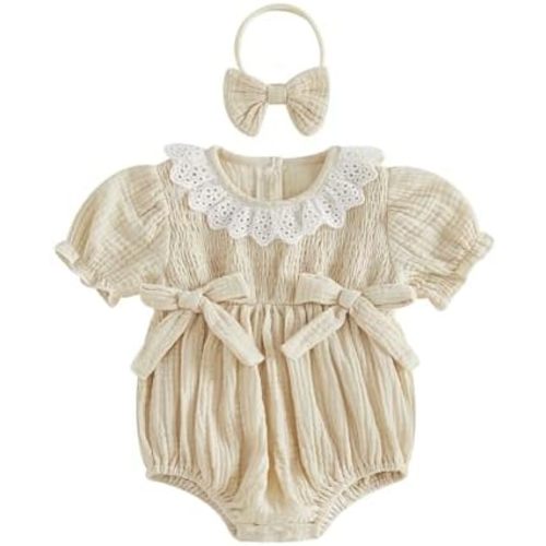 Newborn Baby Girl Clothes Cotton Linen Smocked Bubble Romper Short Sleeve Lace Collar Jumpsuit Infant Summer Outfit