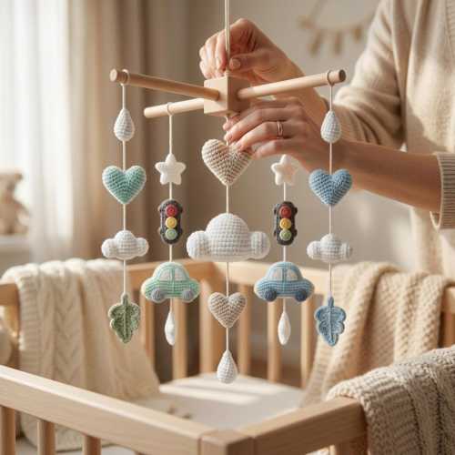 Crochet Car Baby Mobile, Traffic Light Crib Mobile, Handmade Nursery Mobile, Neutral Baby Mobile, Transportation Nursery Decor, Baby Gift