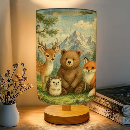 16-Color Dimmable Table Lamp, Whimsical Woodland Animals Deer Bear Hedgehog Fox Forest Bedside Lamp Nightstand Light for Bedroom Nursery, Wood Base Fabric Shade Reading Lamps Gifts for Kids