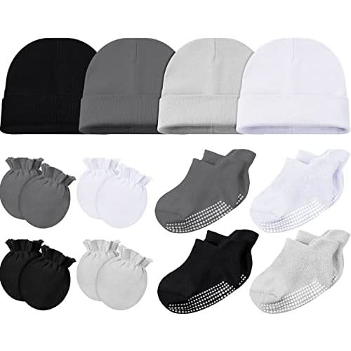 Boyiee 12 Pieces Baby Mittens Newborn Hats and Sock Infant Baby Caps Mittens Set No Slip Ankle Socks