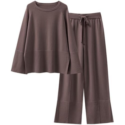 ANRABESS Womens 2 Piece Outfits Oversized Knit Sweater Set Wide Leg Pant Cozy Lounge Matching Pajama Sets 2025 Trendy Clothes