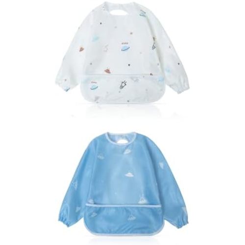 Little Dimsum Baby Bib with Pocket Waterproof Toddler Bibs Infant Feeding Bibs for Boys and Girls, Pack of 2 Colors