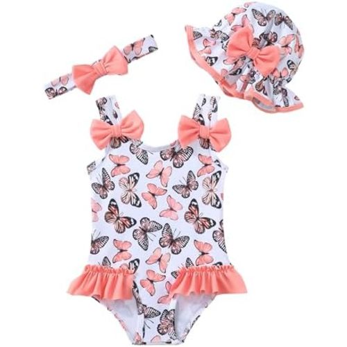 Baby Girl Swimsuit Infant One-Piece Bathing Suit Cute Summer Beach Tankini Bikini Ruffle Bow Toddler Swimwear with Hat