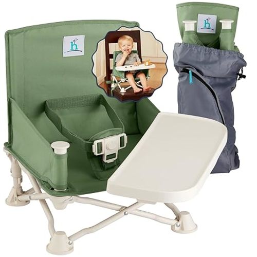 Hiccapop OmniBoost Travel Booster Seat with Tray for Baby | Folding Portable Baby Booster Seat for Dining Table, Camping, Beach, Grandma’s | Tip-Free Design Straps to Kitchen Chairs - Booster Chair