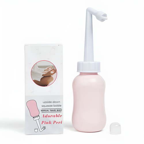 Adorable Pink Peri - manual bidet - upside down water squeeze bottle | Cup Buddy for menstrual cup users | 10 oz (300 ml) + travel bag | NO MORE wasting toilet paper & messy period changing