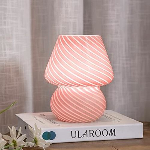 Dorm USB Plug-in Mushroom Lamp Small Bedside Table Lamp with 3 Temperature LED Bulb, Free Dimming Nights Light for Bedroom/Living Room/Entryway/Corner/Table Decor (Stripe Pink)