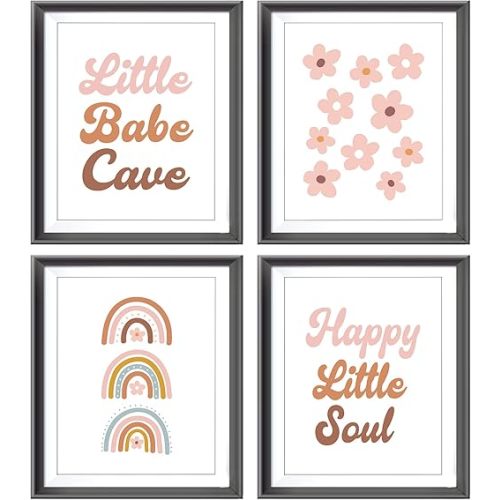 Little Babe Cave Happy Little Soul Boho Nursery Poster Prints for Kids Baby Girls Room Playroom Nursery Decor,Retro Groovy Hippie Rainbow Flowers Decorations Prints Wall Art Unframed 4pcs 8x10 Inches