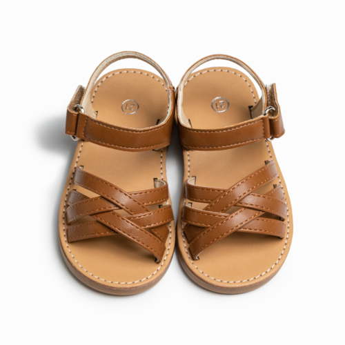 Krdevn Toddler Girls' Brown Strappy Sandals, Soft Sole PU Leather Weave Design, Casual Summer Shoes for Kids,1-1.5 Years
