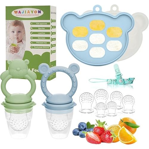 WAJIAYON Baby Breastmilk Popsicle Molds & Babies Fruit Feeder (4 Pack), Infant Food Freezer Tray Storage Containers, Silicone Teething Pacifier Feeder and Teether for Babies,Baby Feeders(Green)
