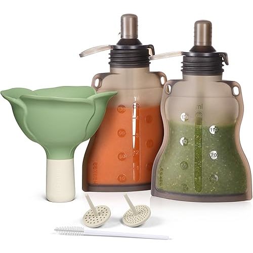 haakaa Fill & Go Yummy Pouch ＆ Flower Funnel Combo - Grey Pouch (2pcs) + Spring Green Funnel