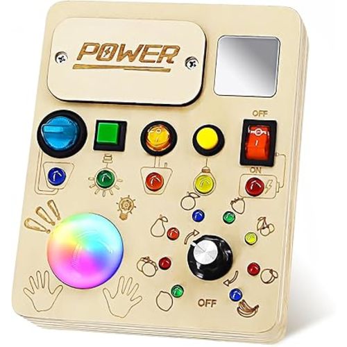 Busy Board Montessori Toy for Toddler, Wooden Sensory Activity Board with LED Light UP Switch, Baby Fidget Board Travel Toys for 18+ Months, 1 2 3 Year Old Boys Girls Toddler Toys Gifts