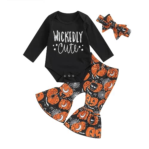 Newborn Baby Girl Halloween Clothes Long Sleeve Romper Tops Pumpkin Bell-Bottom Pants Headband Infant Fall Outfits