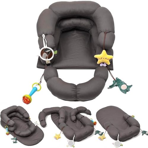 2-in-1 Tummy Time Mat & Seated Support Cushion for Newborns and Older Babies - Baby Tummy Time Support Cushion with Detachable Cushion and Toys（Grey）