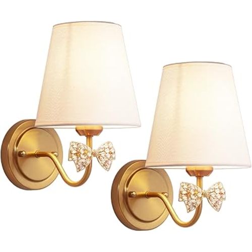 Antique Brass Wall Sconces Set of Two, Vintage Farmhouse Amber Crystal Glass Bow Sconces Decor Gold Wall Lights with Fabric Shade, E26 110V Hardwired Indoor for Bedroom, Living Room, Doorway
