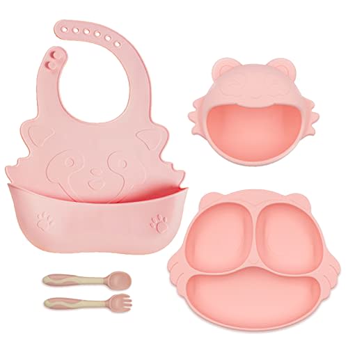 CUAIBB Toddler Plates and Bowls Set of 5 Pack, Baby Silicone Feeding Set Toddlers Bowls with Suction, Baby Plates with Spoon Fork Set for Toddler Dishes, Baby Eating Supplies Silicone Bib - Pink