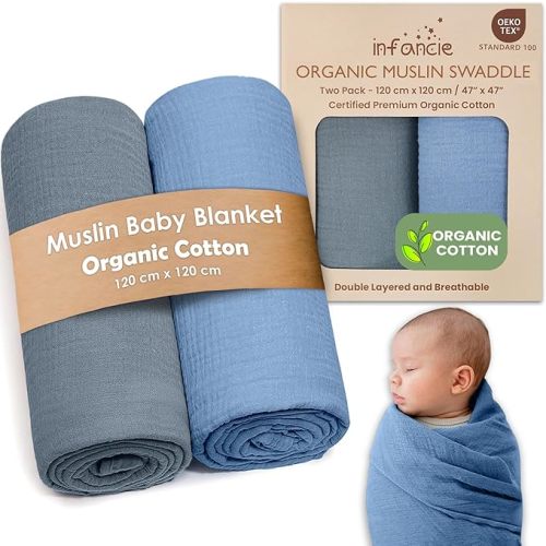 Organic Cotton Muslin Baby Blanket - 47x47 Inch Breathable Swaddle, Hypoallergenic Double-Layer, Versatile Use (Slate/Aquarius, 47x47 Inch)