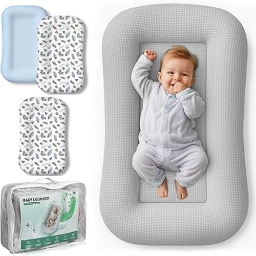 Baby Lounger Nest Bundle with 3 Lounger Covers, Breathable Waffle Lounger & Silky Soft Bamboo Viscose Covers, Portable Newborn Essentials, Gray