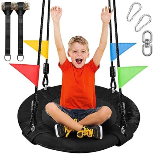 Odoland 24 inch Children Tree Swing, Outdoor Small Saucer Swings Platform for Kid, Round Flying wirh Adjustable Hanging Ropes for Backyard, 220lb Weight Capacity Great for 1-2 Kids (Black)