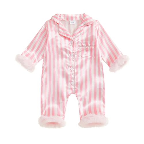 Baby Girl Boy Silk Satin Pajamas Feather Trim Button Down Romper Bodysuit | Unisex Baby Silk Pjs Striped Bow Long Sleeve Romper One Piece Jumpsuit Newborn Sleepwear Nightgown Family Matching Pajamas
