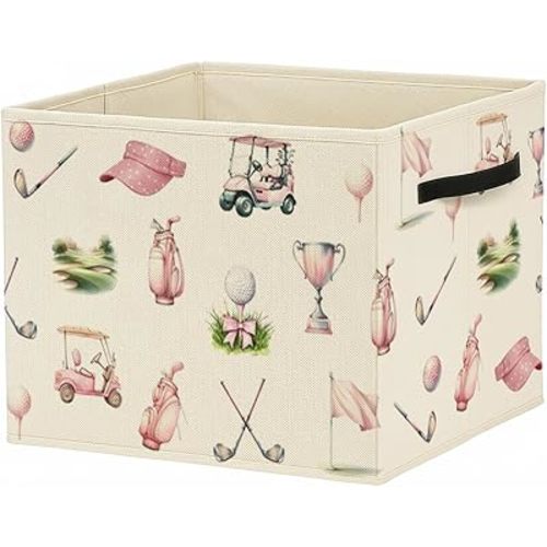 Pink Bow Golf Storage Bin Box with Handles, Golfers Golf Lovers Gifts Foldable Baskets Organizer for Girls Room Nursery Bathroom Home Sports Room Clothes Toys Books, Toybox for Girls