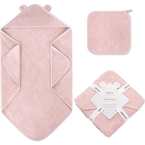 LifeTree 1 Pack Baby Hooded Towel with 1 Pack Washcloth for Newborn, 100% Cotton Bath Towel for Babies, Infant, Toddler and Kids, Thick,Soft and Absorbent, 30 * 30 Inches, Newborn Essentials, Pink
