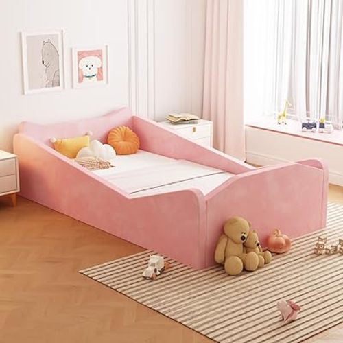 JOYMOR Toddler Bed, Floor Bed with Safety Guadrail, Montessori Toddler Bed with Animal Ear Shapes, Soft Velvet Wood Bed for Infant, Kids, Mattress not Included (Pink)