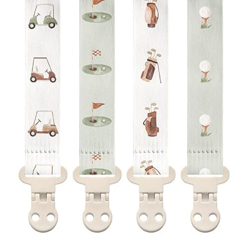 Stadela Baby Pacifier Clip Holder - Girl or Boy Unisex 4 Pack Gift Set – Neutral Modern Golf Theme Green Brown Beige