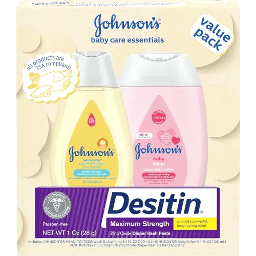 Johnson's Baby Care Essentials Gift Set, Body Lotion, & Zinc Oxide Diaper Rash Paste for Baby's Delicate Skin, Value Pack, Travel-Size, Bath Essentials Must Haves, Baby Gifts, 3 Items