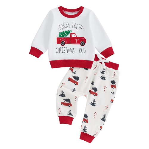 Qiylii Baby Toddler Boy Fall Outfit 0 6 12 18 24 Months Christmas Truck Print Long Sleeve Sweatshirt and Elastic Pants 2 Piece Clothes for Toddler