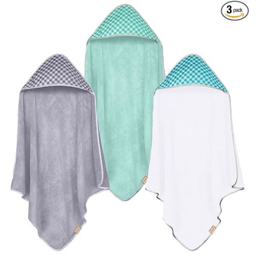 CORAL DOCK 3 Pack Baby Hooded Bath Towel Sets, Ultra Absorbent Baby Essentials Item for Newborn Boy Girl, Baby Bath Shower Towel Gifts for Infant and Toddler - Classic Neutral Plaid