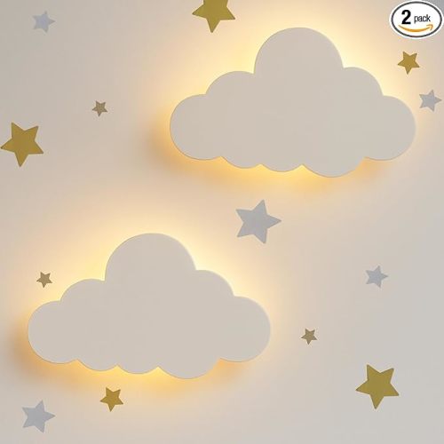 Cloud Wall Lights 2 Pack for Nursery – Dimmable & Rechargeable Night Lights for Baby Room Decor (Star Decals Included)