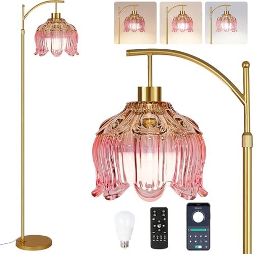 QIYIZM Pink Floor Lamp for Living Room,Bedroom,Gold Dimmable Standing Lamp with Remote,Mid Century Modern Brass Tall Lamp Boho Floor Lamps Arc Stained Glass Flower Floor Light Lamp Girls kids Bohemian