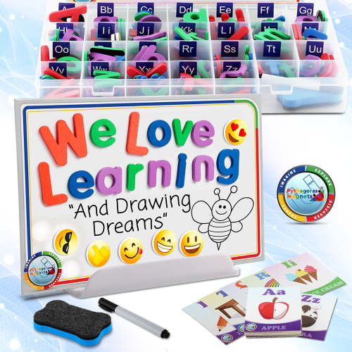 224 Pc Magnetic Letter Board – Alphabet Letter Magnet Toys with Whiteboard & Stand for Kids – Small & Big Alphabet Magnets Set with 6 Glow-in-The-Dark Emoji for Board & A-Z Cards for Learning Letters