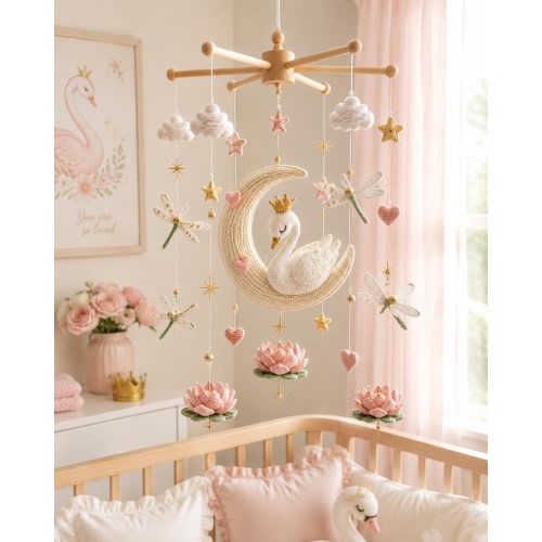 Crochet Swan Baby Mobile, Princess Swan on Moon Crib Mobile, Dragonfly Lotus Nursery Decor, Baby Girl Shower Gift