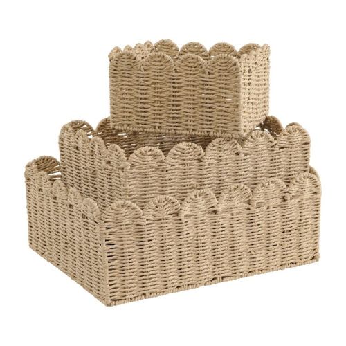 Paper Rope Scalloped Basket Set of 3, Wicker Storage Baskets