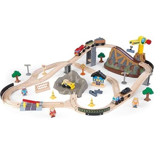 KidKraft Bucket Top Construction Wooden Train Set with Bulldozer, Working Crane, Tracks, Storage and 61 Play Pieces, Gift for Ages 3+
