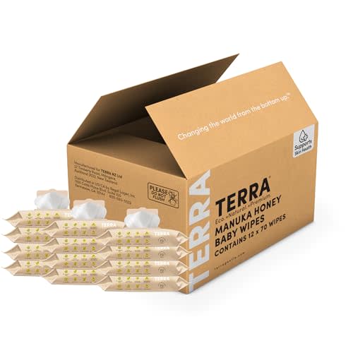Terra Bamboo Baby Wipes: Manuka Honey, 99.5% Pure New Zealand Water, 100% Biodegradable Bamboo Fiber, 0% Plastic, Unscented Baby Wipes for Sensitive Skin, 12 Packs of 70 Wipes