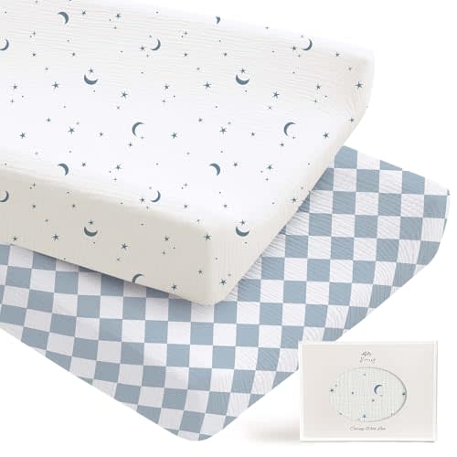 Konssy 2 Pack Muslin Changing Pad Covers for Boys, Ultra Soft & Breathable Cotton Baby Diaper Changing Table Covers, Neutral Nursery Diaper Changing Pad Sheets (Dreamfield Sky,Baby Blue Plaid)