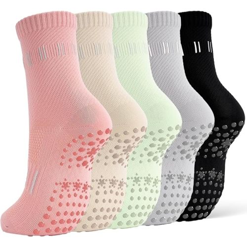 5 Pairs Pilates Socks Yoga Crew Socks with Grips for Women Non Slip | Ballet Sticky Socks With Bottom Grippers for Studio Reformer Workout & Barre, Dance, Home or Hospital