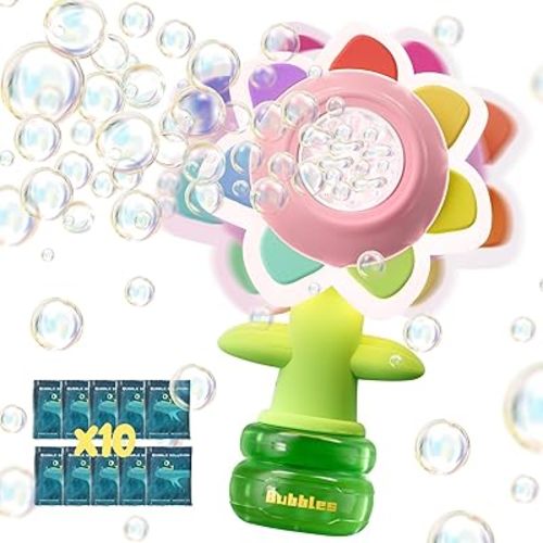 Rechargeable Flower Bubble Guns for Kids W/LED Lights & 10 Refill Solutions, Fun Swing Dance Bubble Maker Machine Blower Blaster Toys,Outdoor Summer Play, Easter, Birthday Party Favors & Gifts Pink