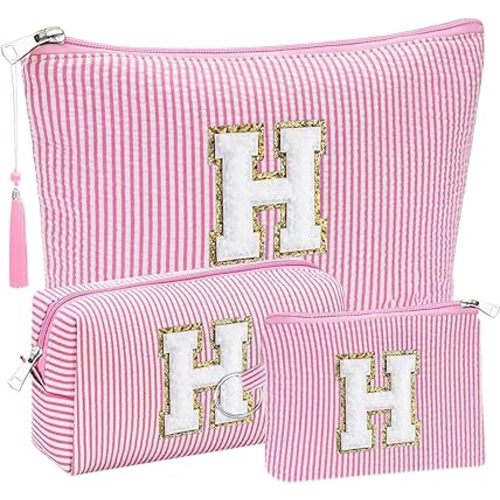 Initial Gifts Travel Cosmetic Makeup Pouch Bags Sets for Purse, 3pcs Stoney Clover Dupes Pouch Makeup Bag, Personalized Cosmetic Bags Set for Women, Make up Bag for Teen Girls 13 14 15 16 17 (H, Pink)