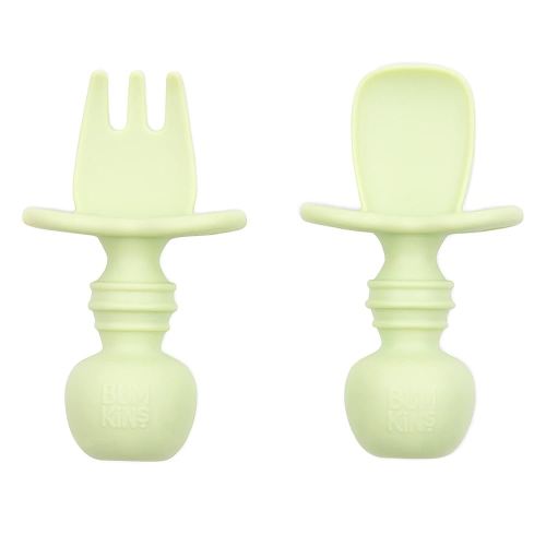 Bumkins Baby Utensils Set, Chewtensils Silicone Spoons for Dipping, Self-Feeding, Baby Led Weaning, Trainer Learning, First Stage Eating, Soft Practice Fork and Spoon, Babies 6 Months, Sage Green