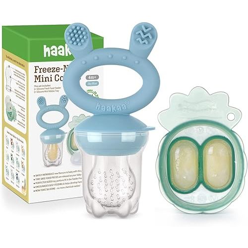 Haakaa Baby Fruit Food Feeder & Mini Freezer Nibble Tray Combo, Breastmilk Popsicle Molds for Baby Cooling Relief, BPA Free Silicone Feeder for Safe Infant Self Feeding, 4 Month+ (Sky Blue)