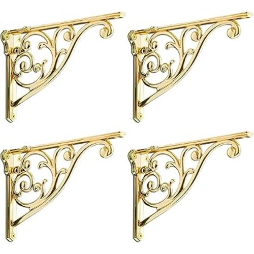 Shelf Brackets 6 Inch 4 Pack Heavy Duty Gold Wall Bracket Victorian Kitchen Decorative Rack Shelves, Shelf Bracket Available in 8 finishes. (4, Gold)