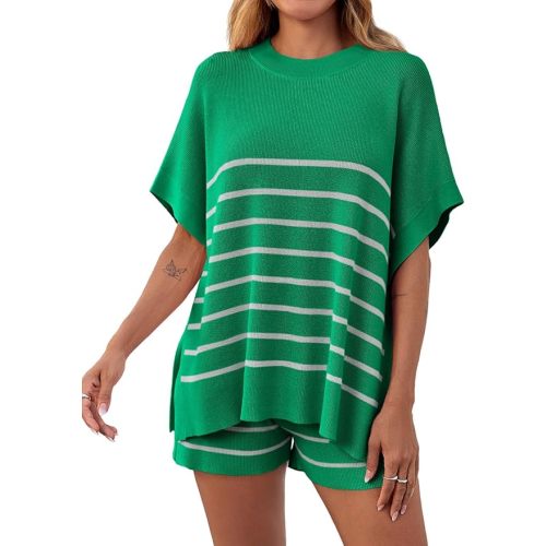 Fisoew Women's Striped 2 Piece Outfits Oversized Batwing Short Sleeve Tops High Waisted Shorts Summer Knit Lounge Short Sets